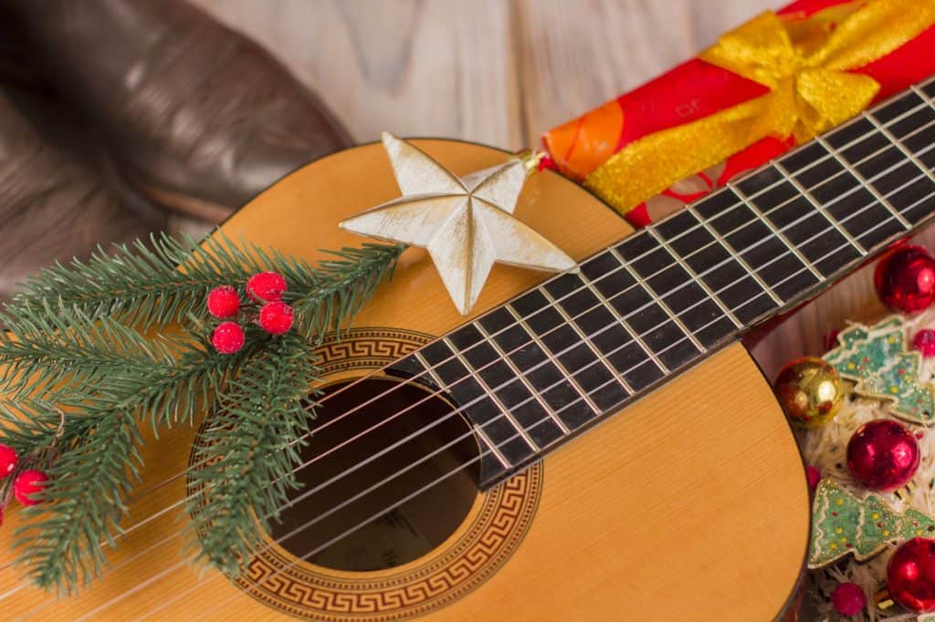 Classical guitar with Christmas decoration