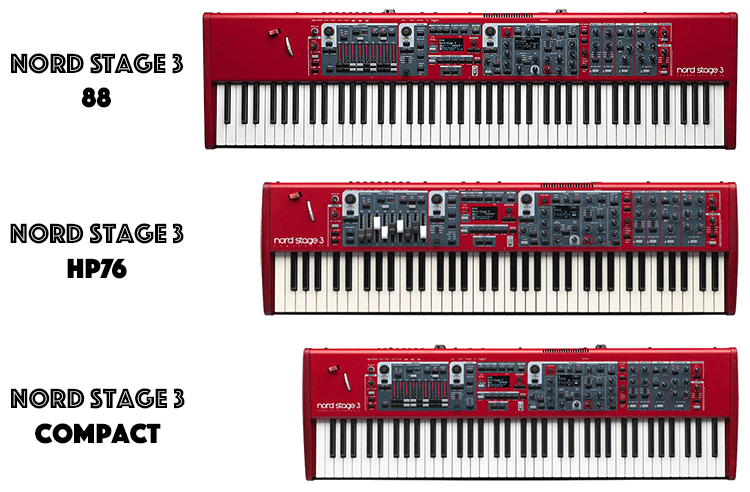 Side by side comparison of Nord Stage 3 88, Nord Stage 3 HP76 and Nord Stage 3 Compact